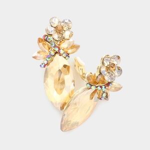 Gold Topaz Crystal 2" Clip On Marquise Dangle Earrings Floral Rhinestone